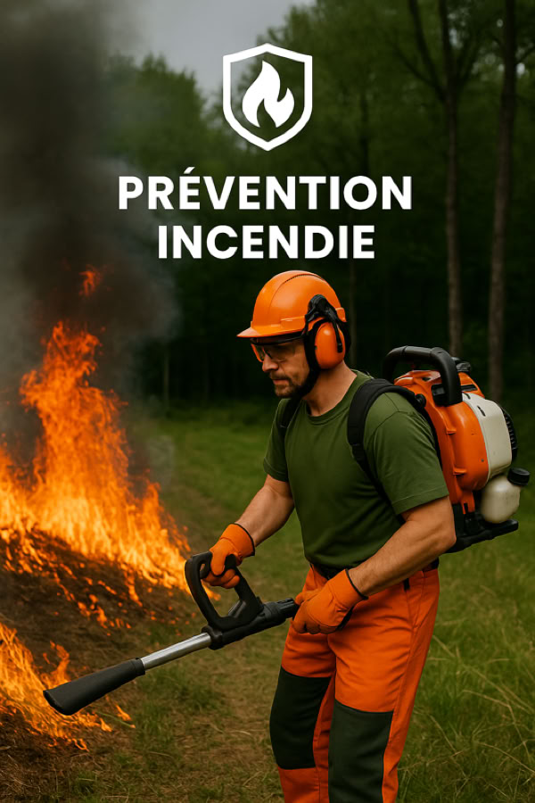 Homme en tenue de protection orange avec un souffleur près d'un feu de forêt, texte "Prévention Incendie" en haut.