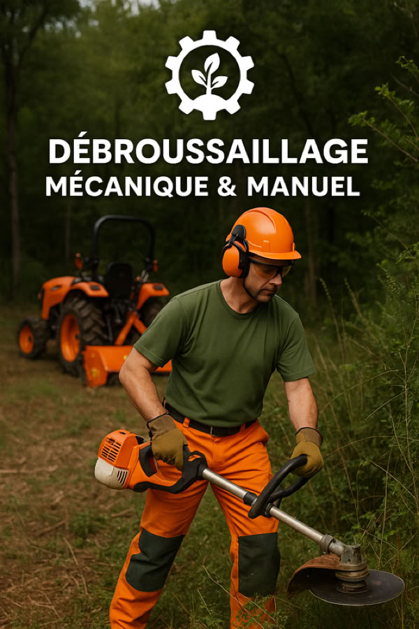 Homme portant un casque et des vêtements de protection orange, utilisant une débroussailleuse dans un espace vert, avec un tracteur orange en arrière-plan. Texte en haut indiquant "Débroussaillage Mécanique & Manuel".