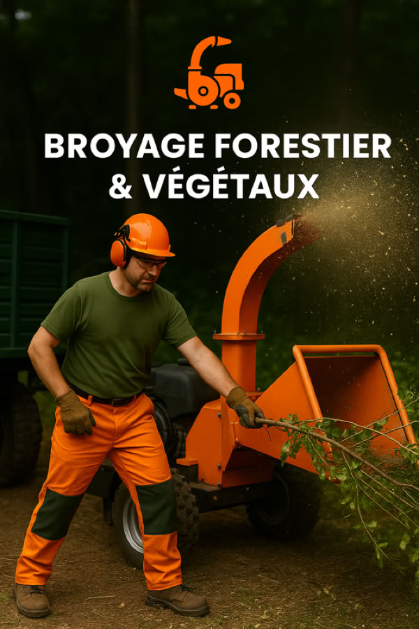 Un homme en tenue de sécurité orange et verte utilise une machine de broyage forestier, avec des branches entrant dans la machine. Texte en haut : "Broyage Forestier & Végétaux".