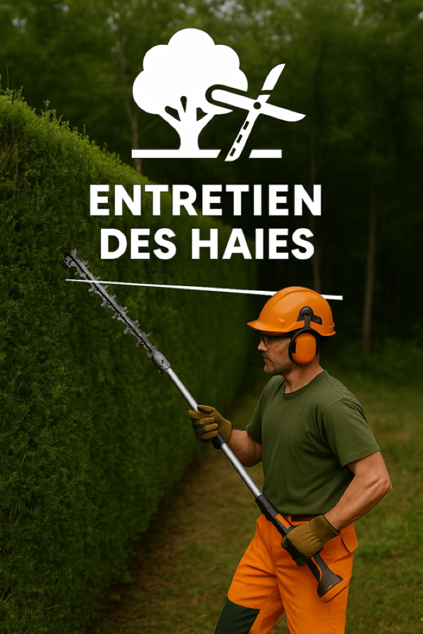 Homme portant un casque et des vêtements de protection, taillant une haie avec un taille-haie, texte "ENTRETIEN DES HAIES" en haut.