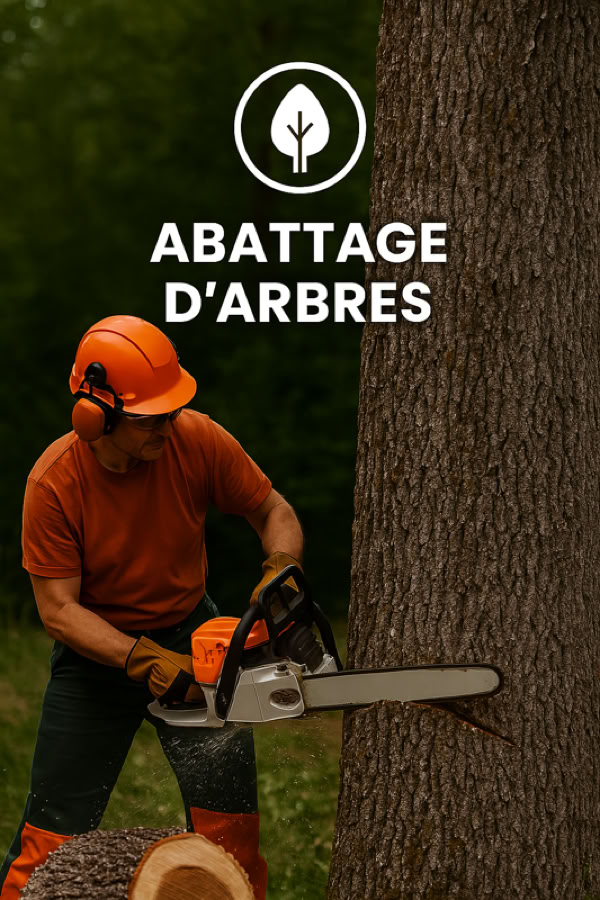 Personne portant un casque et des protections auditives utilisant une tronçonneuse pour couper un arbre, avec le texte "ABATTAGE D'ARBRES" en haut.